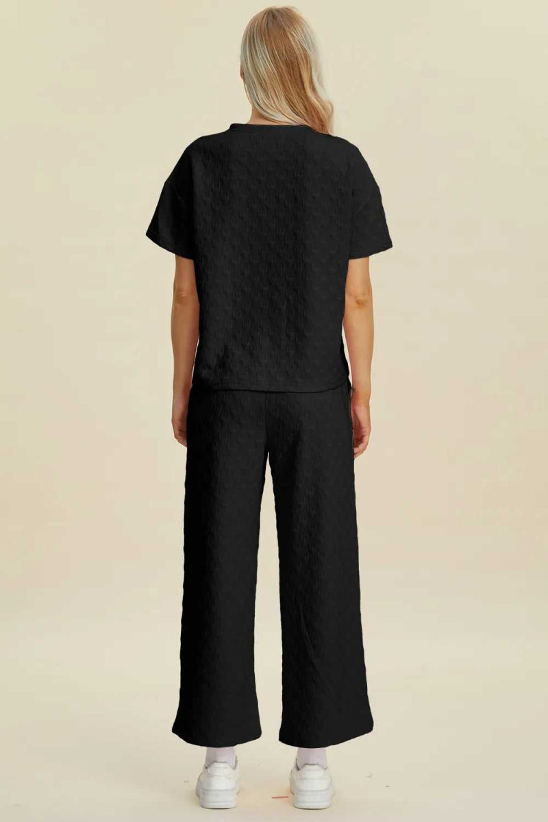 Double Take Full Size Texture Round Neck Short Sleeve Top and Pants Set - Hopeford Streams