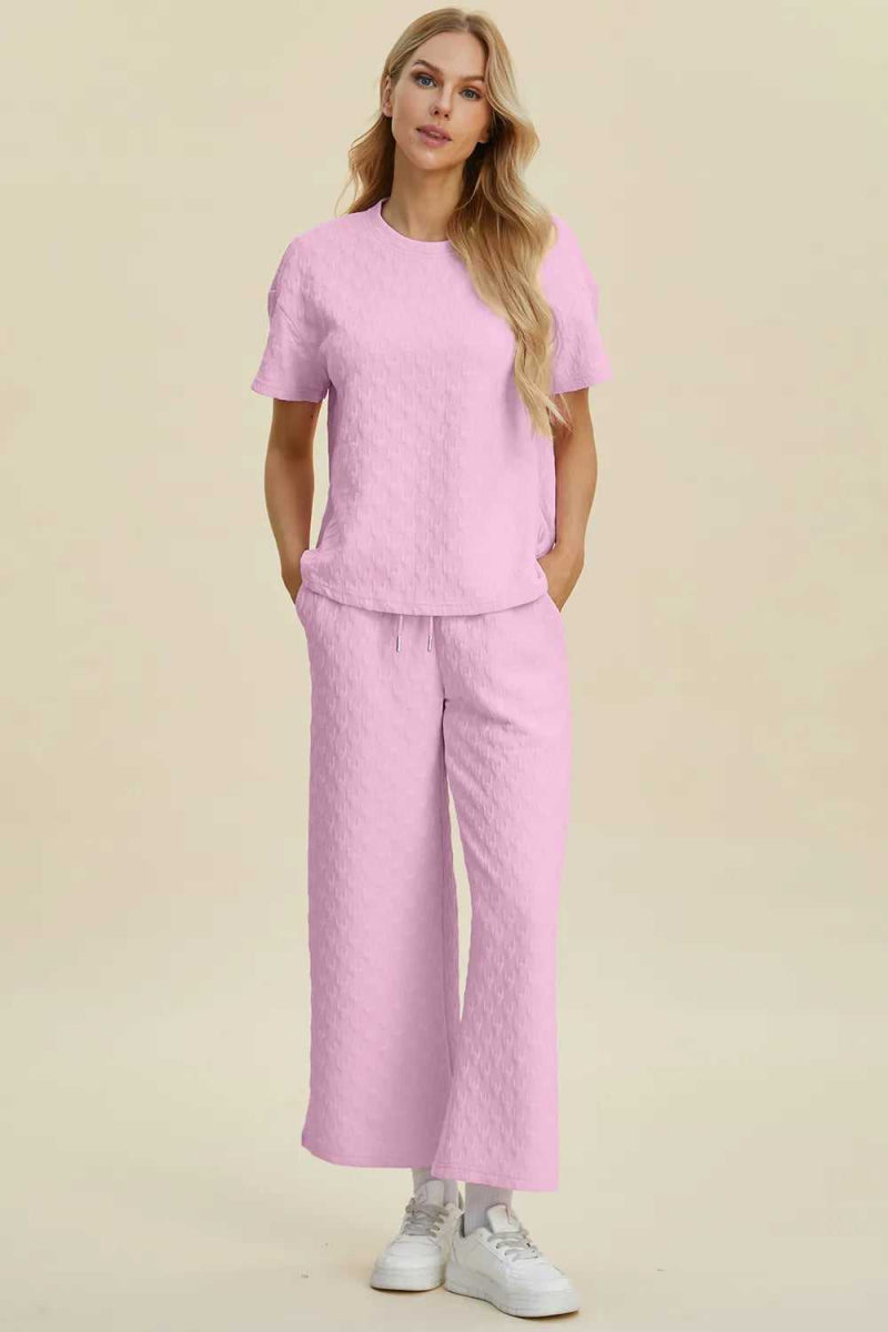 Double Take Full Size Texture Round Neck Short Sleeve Top and Pants Set - Hopeford Streams