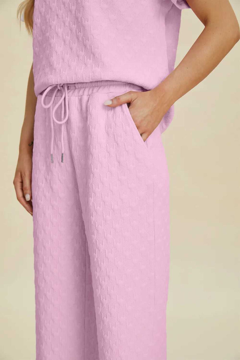 Double Take Full Size Texture Round Neck Short Sleeve Top and Pants Set - Hopeford Streams