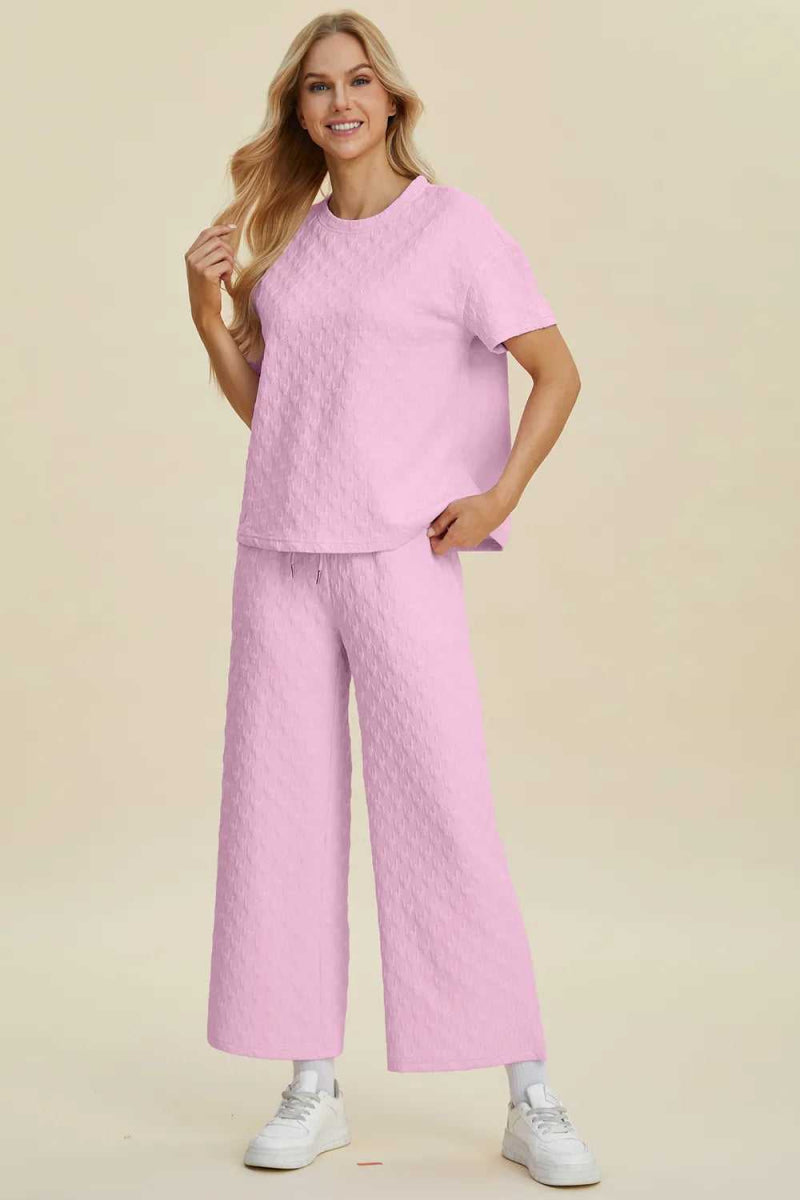 Double Take Full Size Texture Round Neck Short Sleeve Top and Pants Set - Hopeford Streams