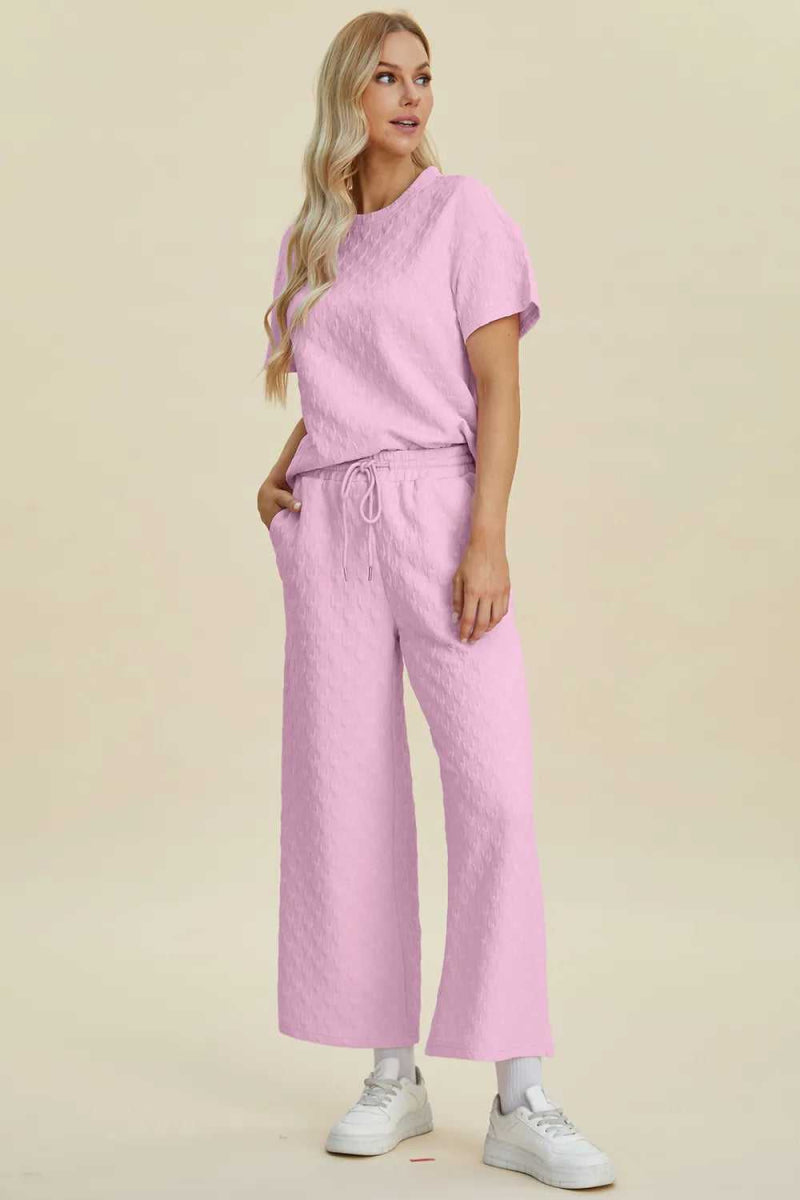Double Take Full Size Texture Round Neck Short Sleeve Top and Pants Set - Hopeford Streams