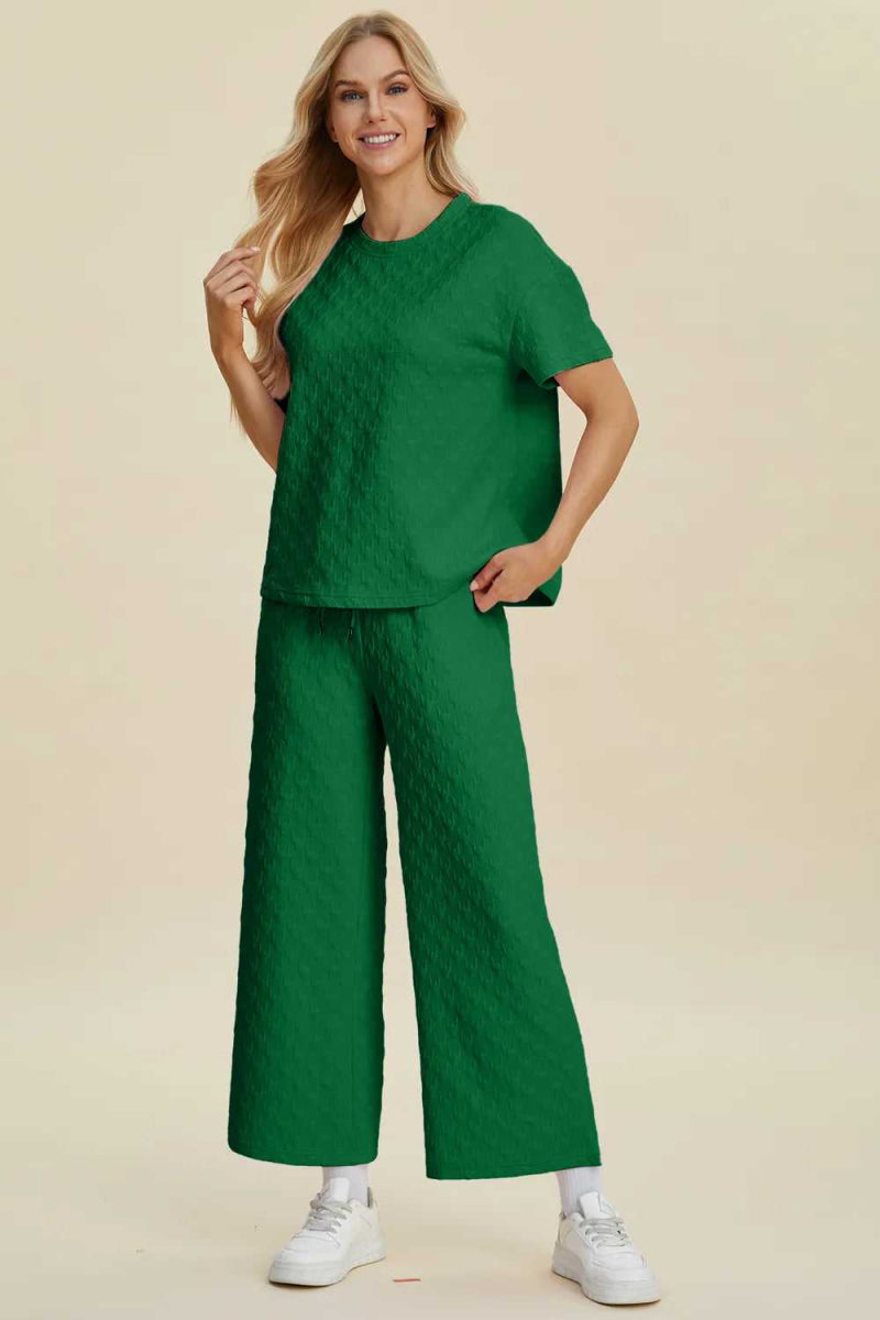 Double Take Full Size Texture Round Neck Short Sleeve Top and Pants Set - Hopeford Streams