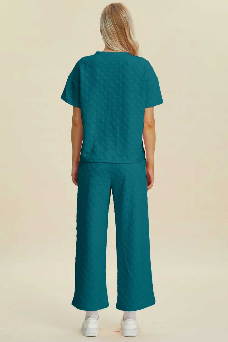 Double Take Full Size Texture Round Neck Short Sleeve Top and Pants Set - Hopeford Streams