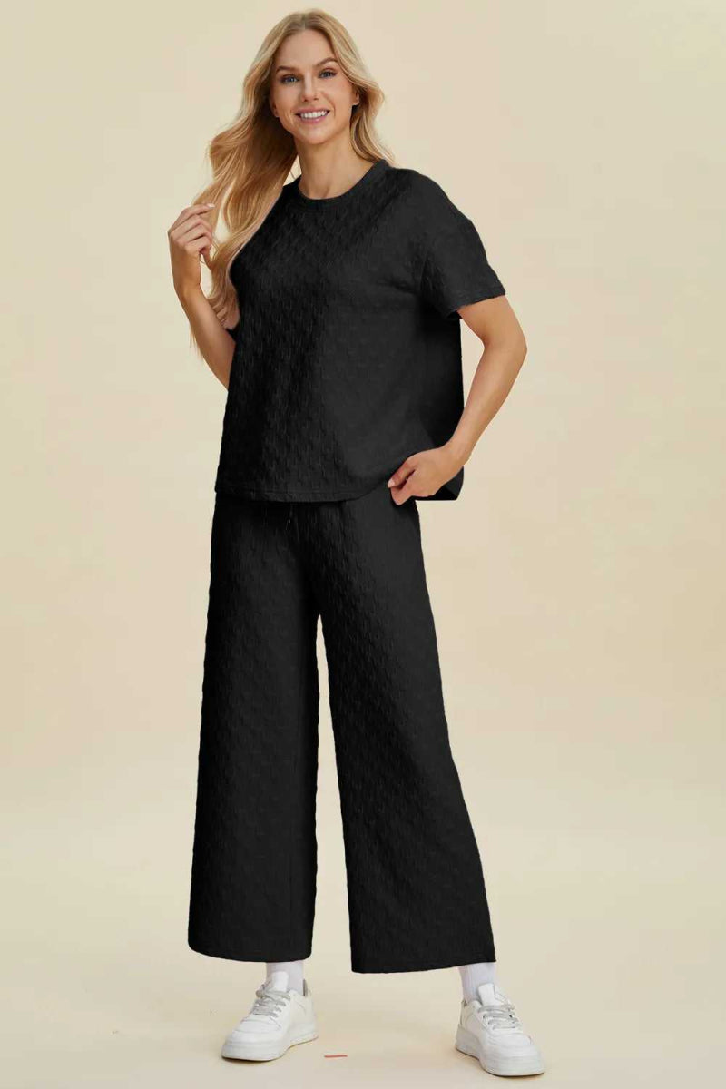 Double Take Full Size Texture Round Neck Short Sleeve Top and Pants Set - Hopeford Streams