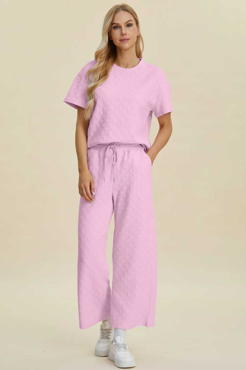 Double Take Full Size Texture Round Neck Short Sleeve Top and Pants Set - Hopeford Streams
