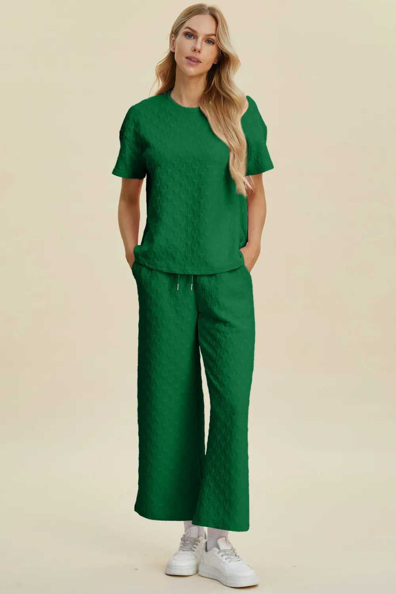 Double Take Full Size Texture Round Neck Short Sleeve Top and Pants Set - Hopeford Streams