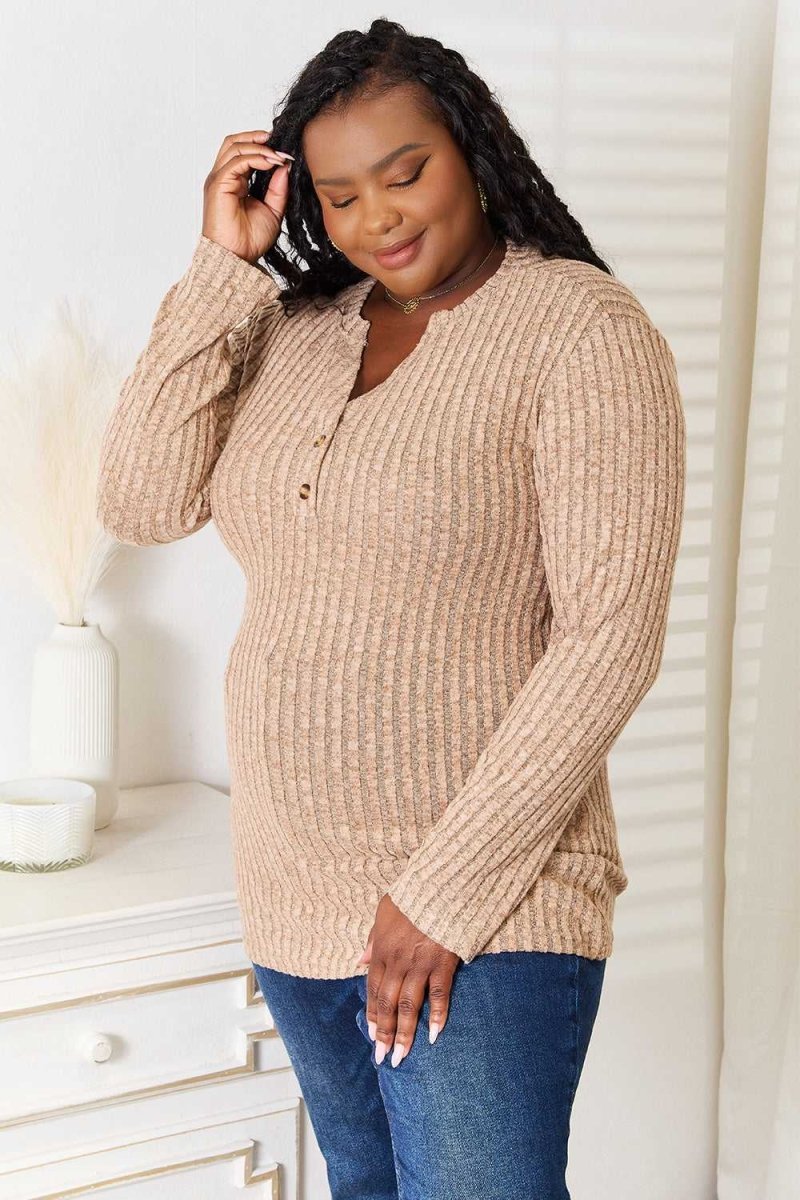 Double Take Notched Neck Ribbed Long Sleeve T-Shirt - Hopeford Streams