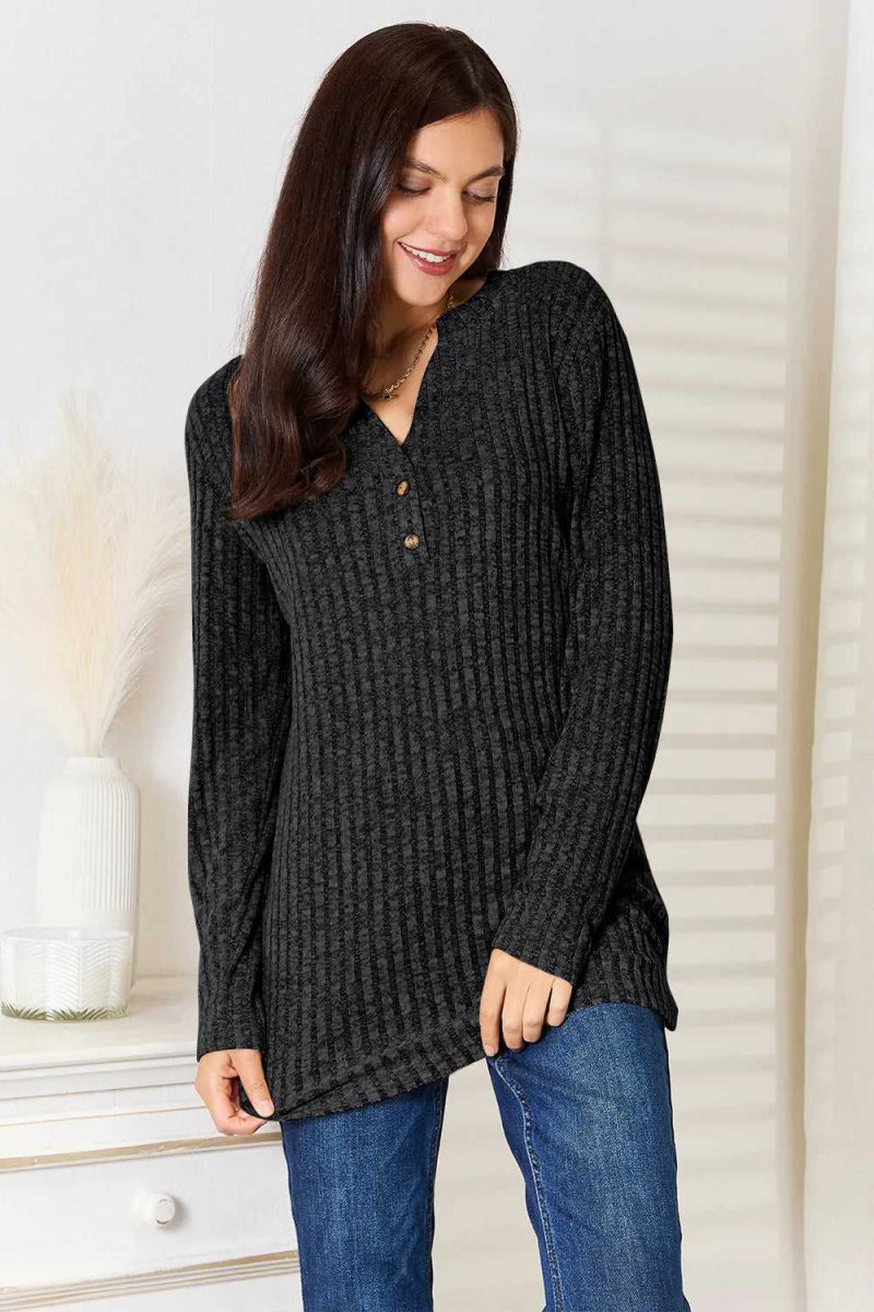 Double Take Notched Neck Ribbed Long Sleeve T-Shirt - Hopeford Streams