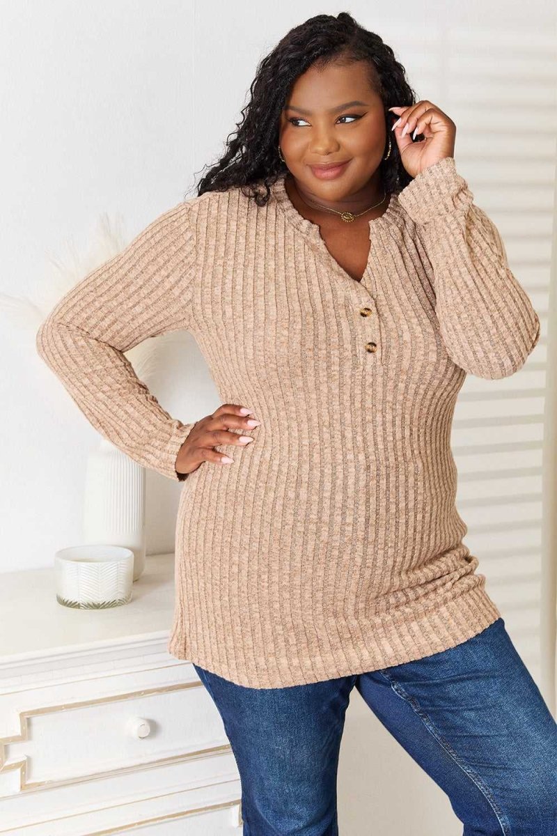 Double Take Notched Neck Ribbed Long Sleeve T-Shirt - Hopeford Streams