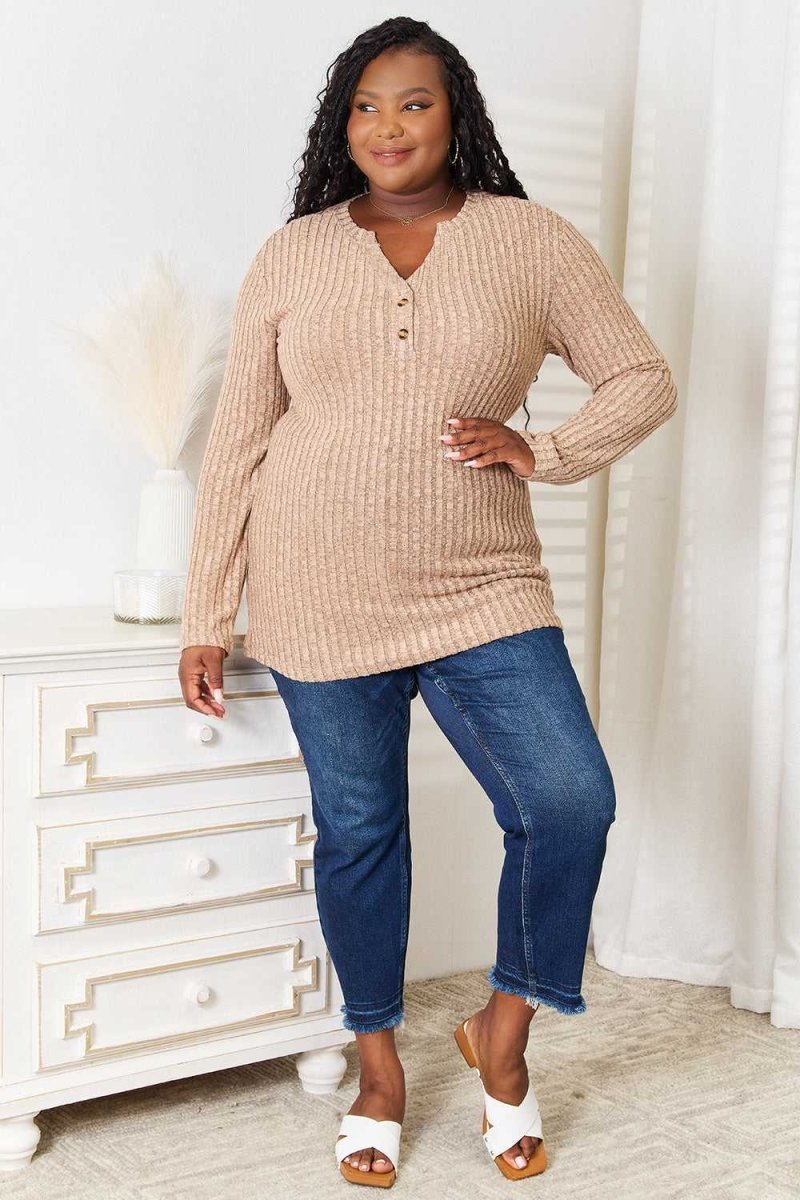 Double Take Notched Neck Ribbed Long Sleeve T-Shirt - Hopeford Streams