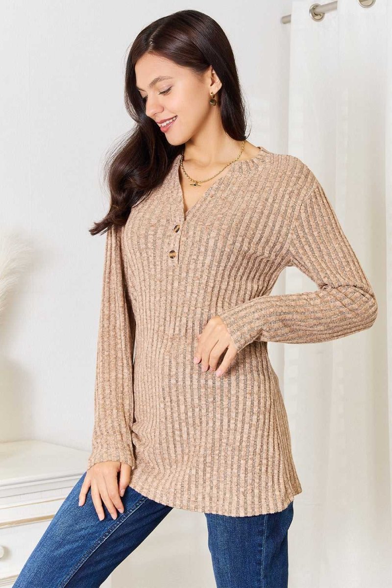 Double Take Notched Neck Ribbed Long Sleeve T-Shirt - Hopeford Streams