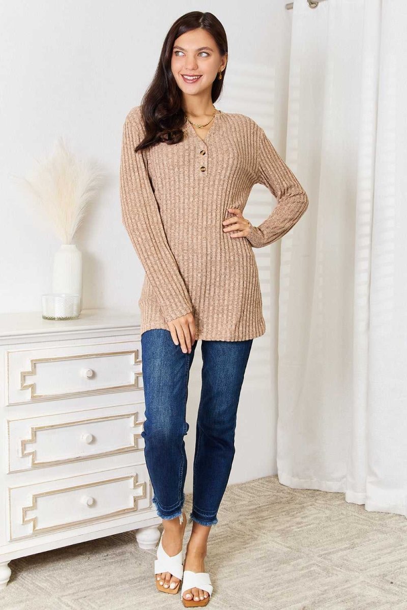 Double Take Notched Neck Ribbed Long Sleeve T-Shirt - Hopeford Streams