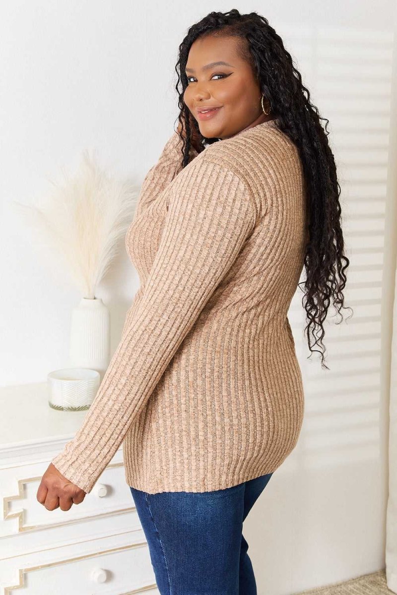 Double Take Notched Neck Ribbed Long Sleeve T-Shirt - Hopeford Streams