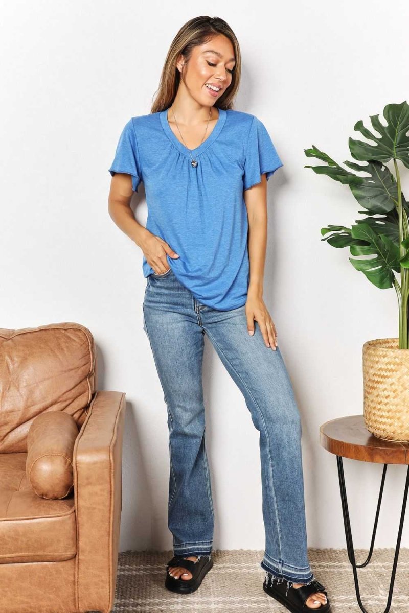 Double Take Ruched V - Neck Short Sleeve T-Shirt - Hopeford Streams
