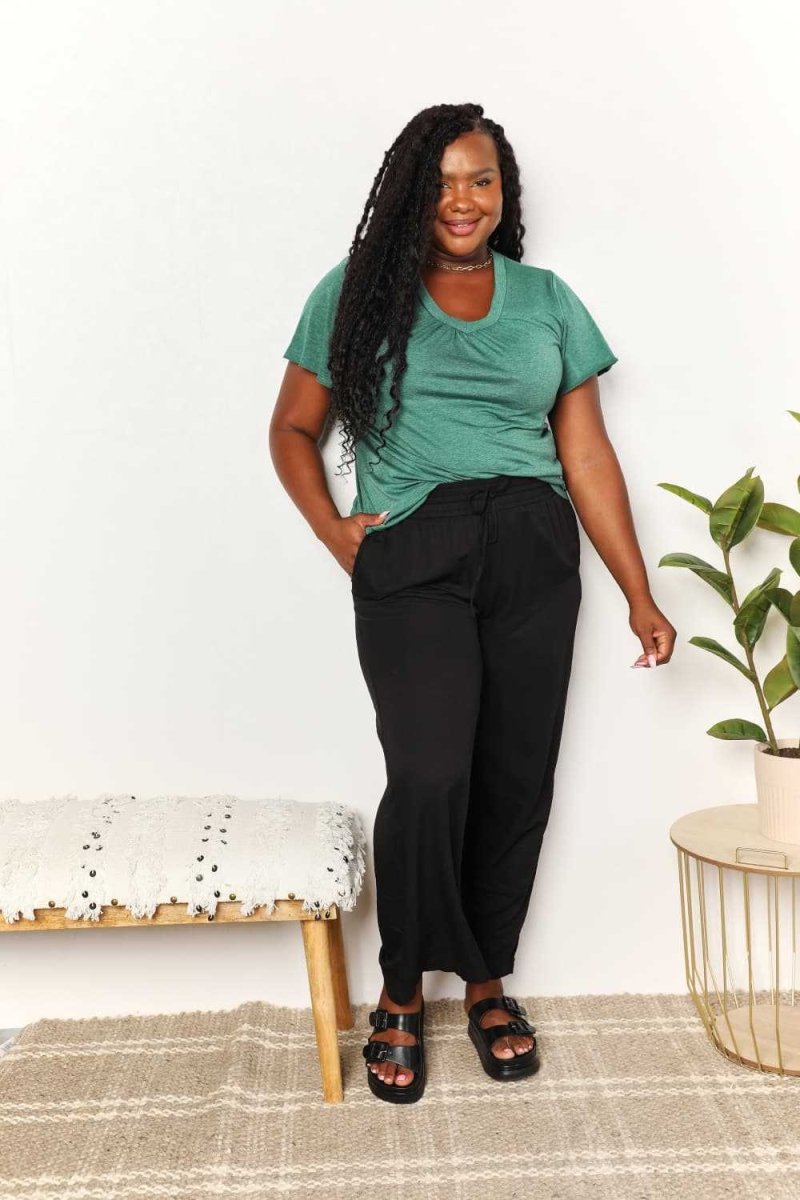 Double Take Ruched V - Neck Short Sleeve T-Shirt - Hopeford Streams