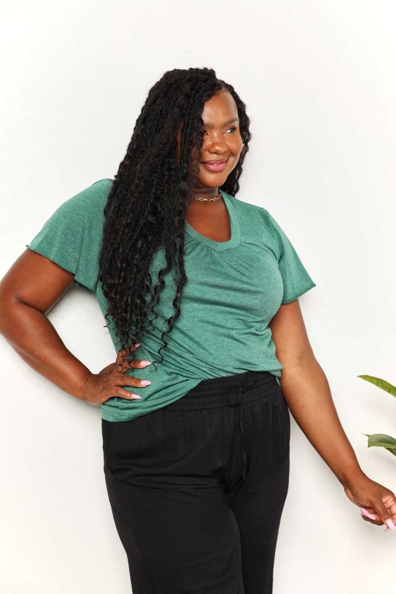 Double Take Ruched V - Neck Short Sleeve T-Shirt - Hopeford Streams