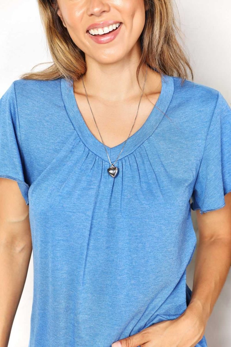 Double Take Ruched V - Neck Short Sleeve T-Shirt - Hopeford Streams