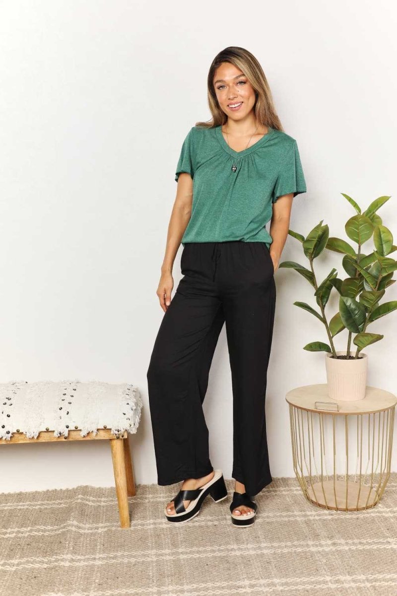 Double Take Ruched V - Neck Short Sleeve T-Shirt - Hopeford Streams