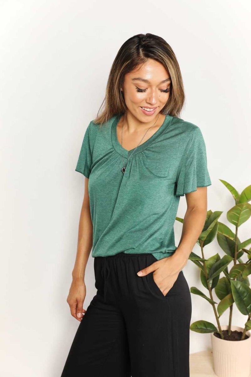 Double Take Ruched V - Neck Short Sleeve T-Shirt - Hopeford Streams