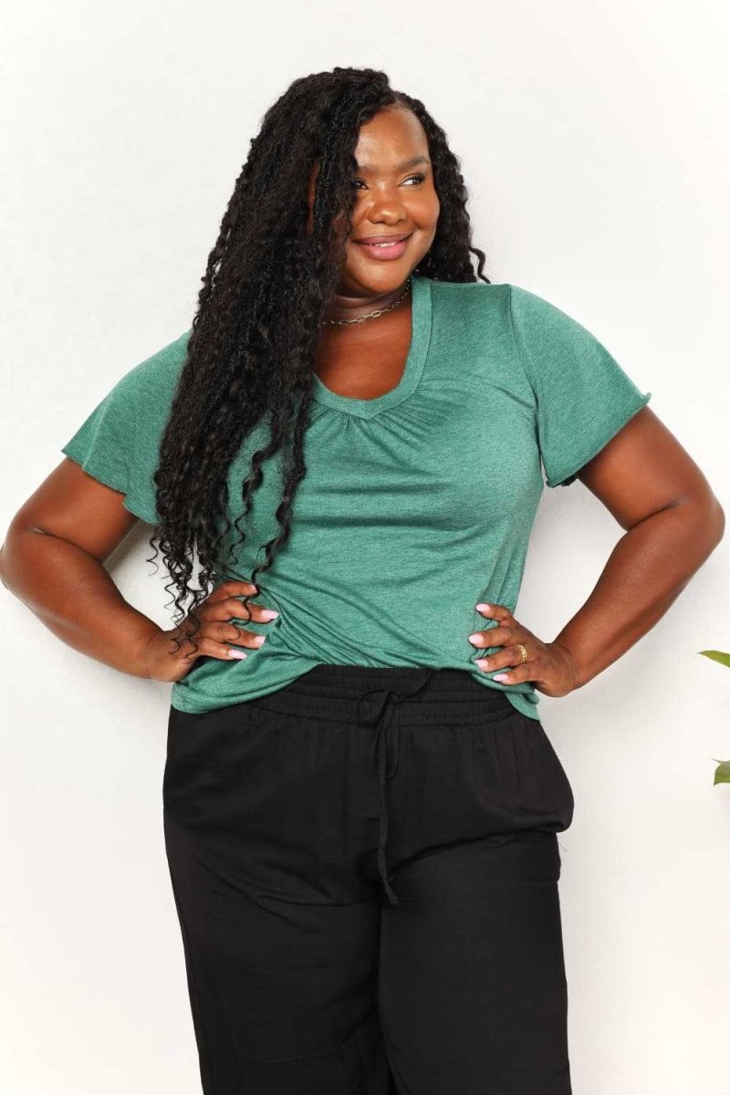 Double Take Ruched V - Neck Short Sleeve T-Shirt - Hopeford Streams