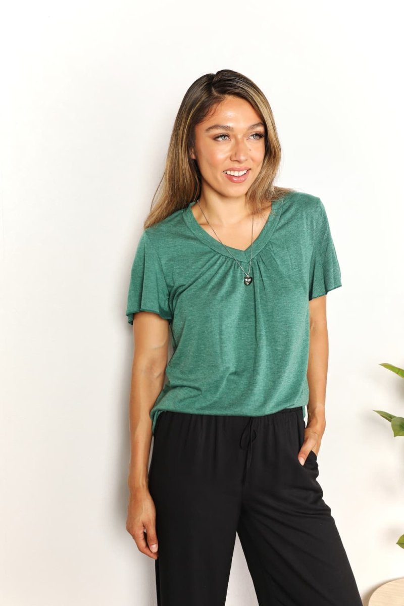 Double Take Ruched V - Neck Short Sleeve T-Shirt - Hopeford Streams