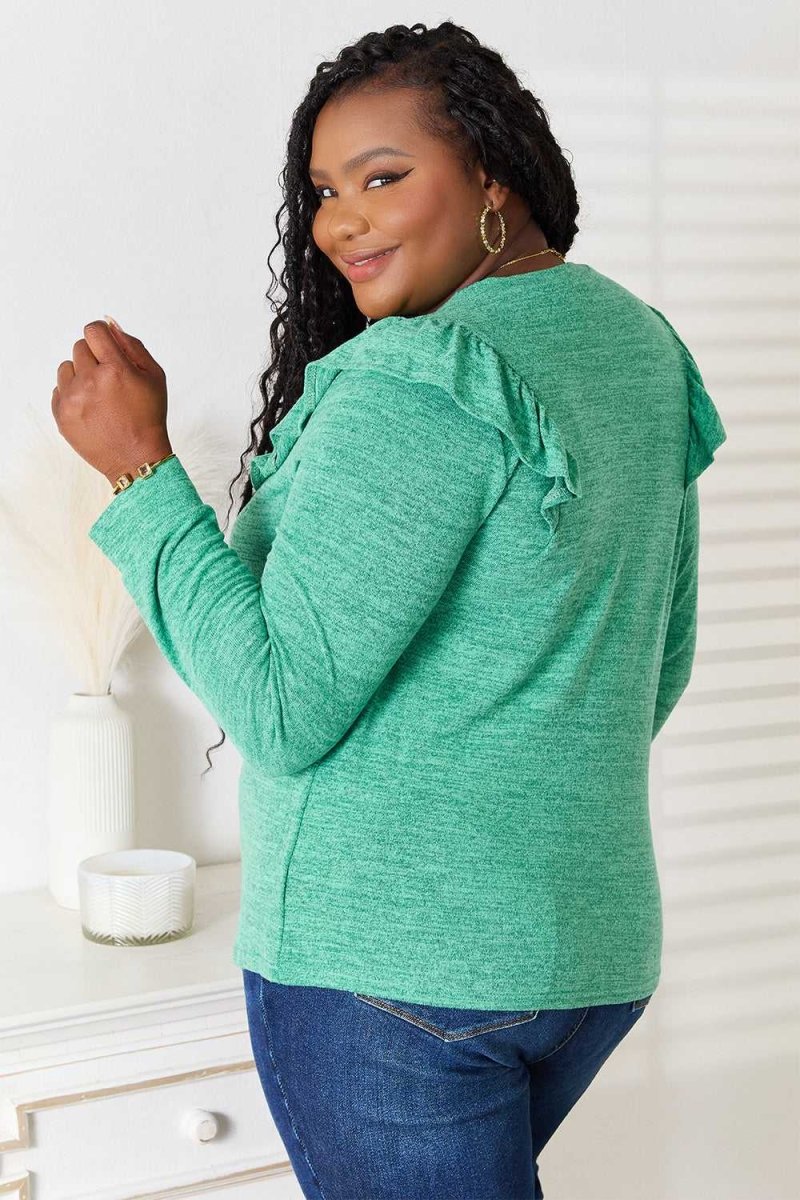 Double Take Ruffle Shoulder Long Sleeve T-Shirt - Hopeford Streams