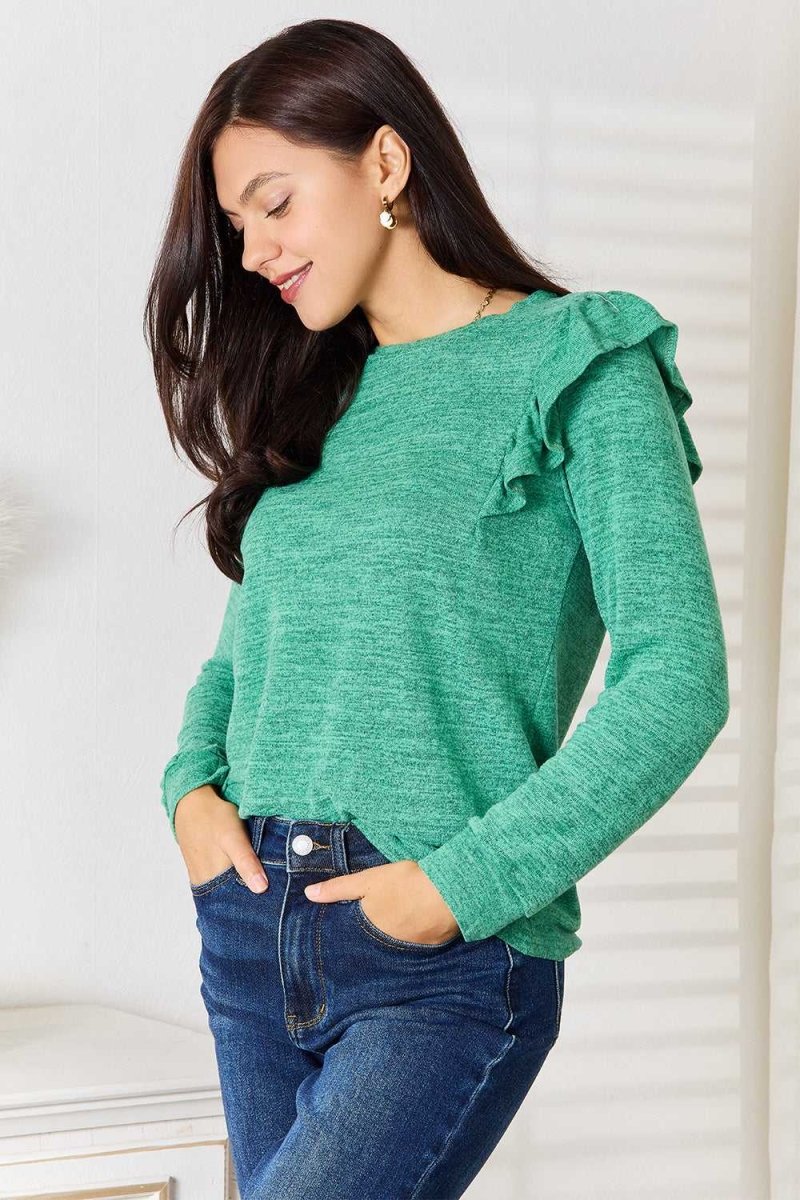 Double Take Ruffle Shoulder Long Sleeve T-Shirt - Hopeford Streams