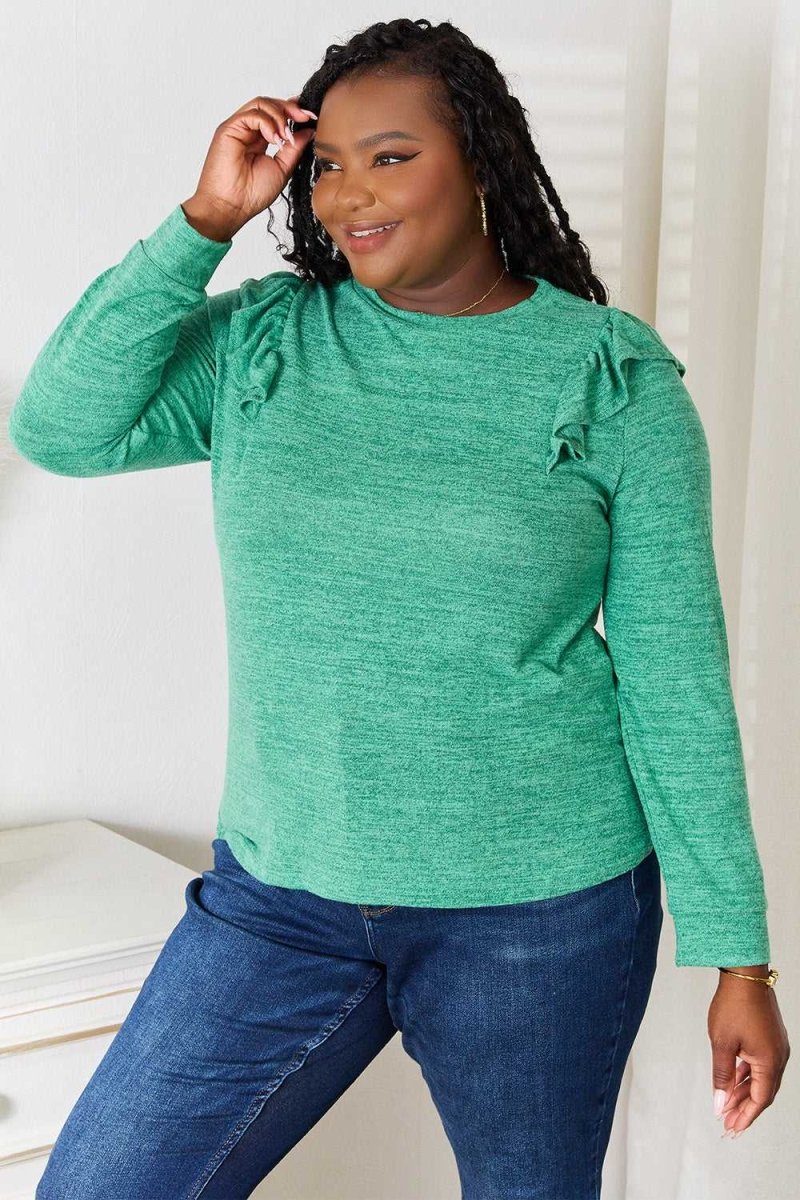 Double Take Ruffle Shoulder Long Sleeve T-Shirt - Hopeford Streams