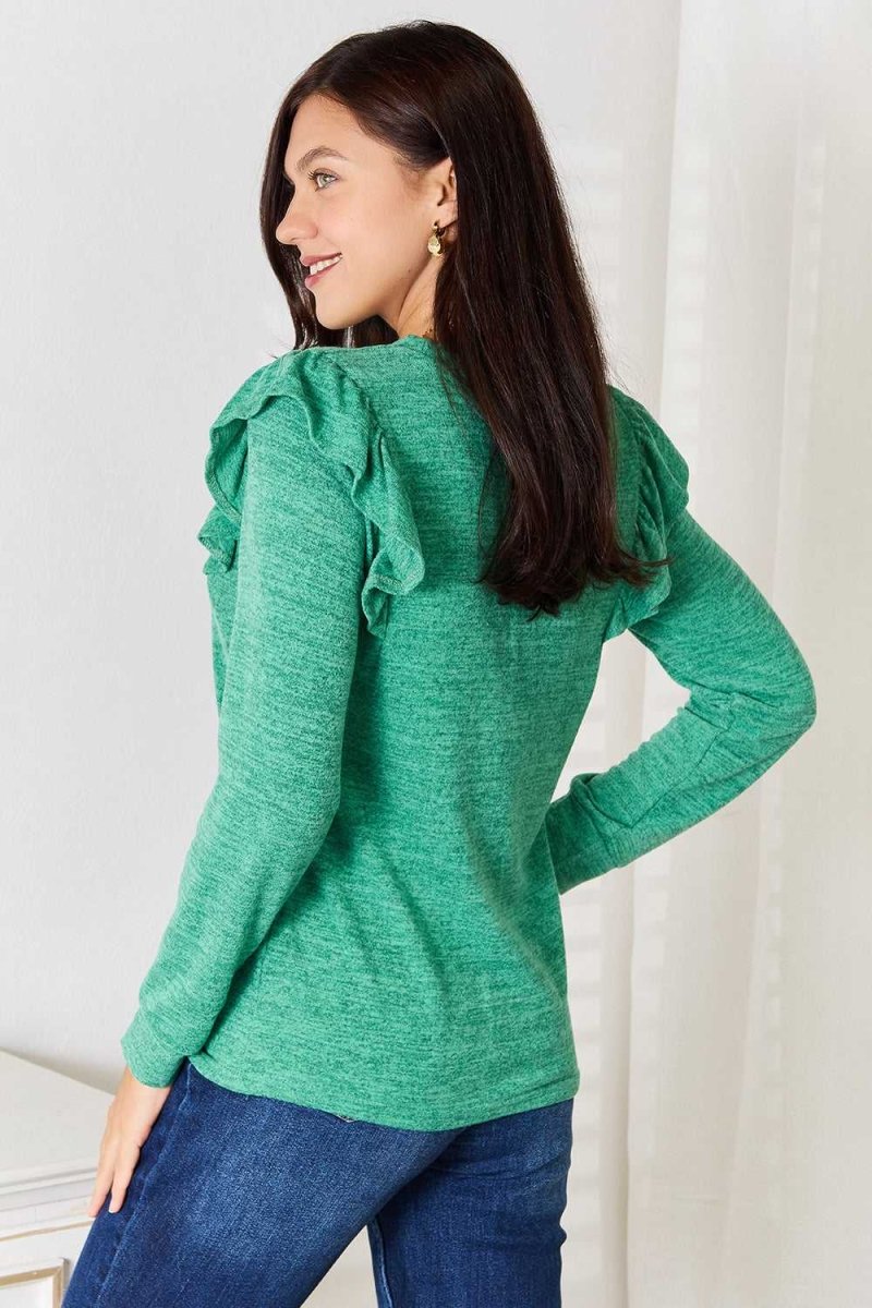 Double Take Ruffle Shoulder Long Sleeve T-Shirt - Hopeford Streams