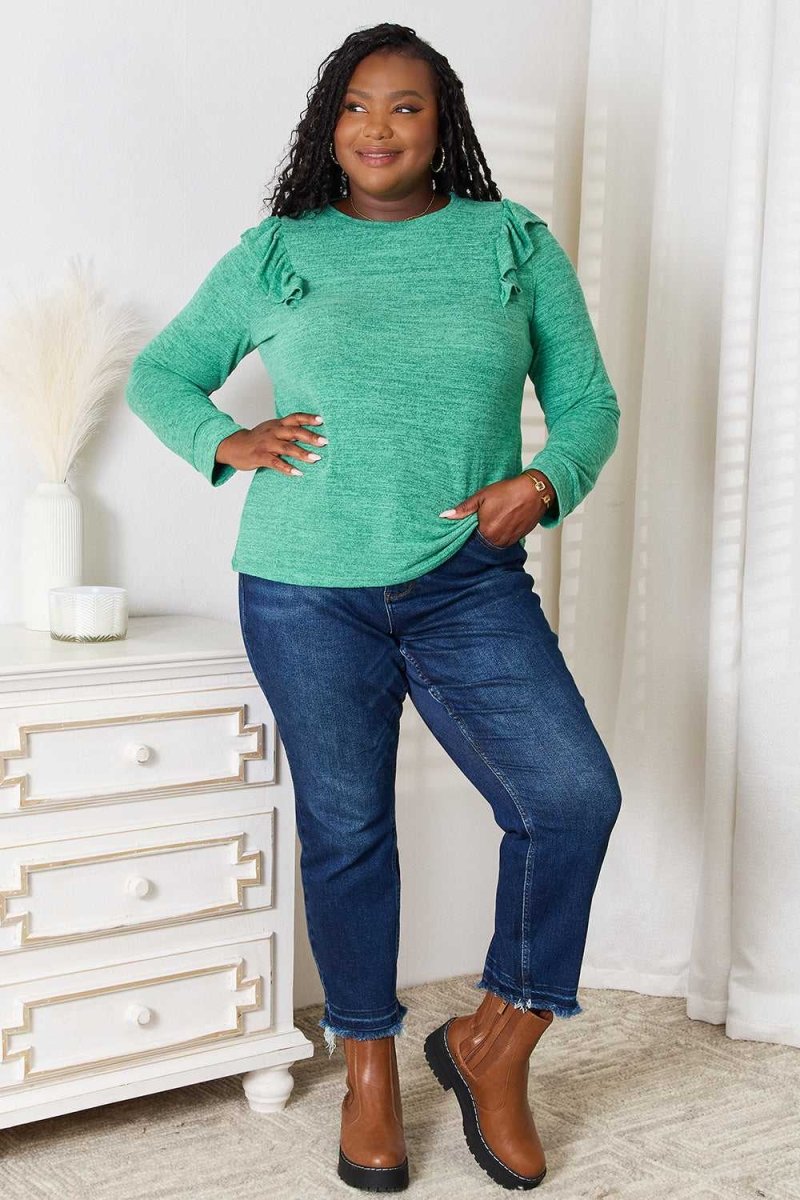 Double Take Ruffle Shoulder Long Sleeve T-Shirt - Hopeford Streams