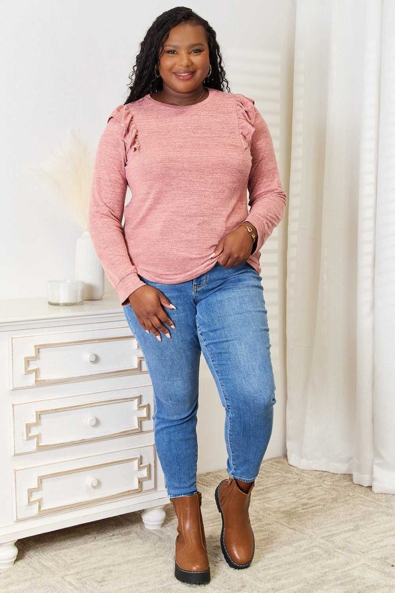 Double Take Ruffle Shoulder Long Sleeve T-Shirt - Hopeford Streams