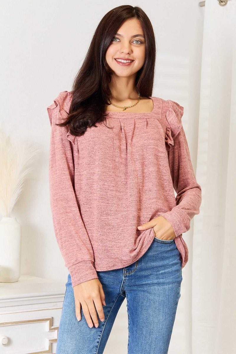 Double Take Square Neck Ruffle Shoulder Long Sleeve T-Shirt - Hopeford Streams