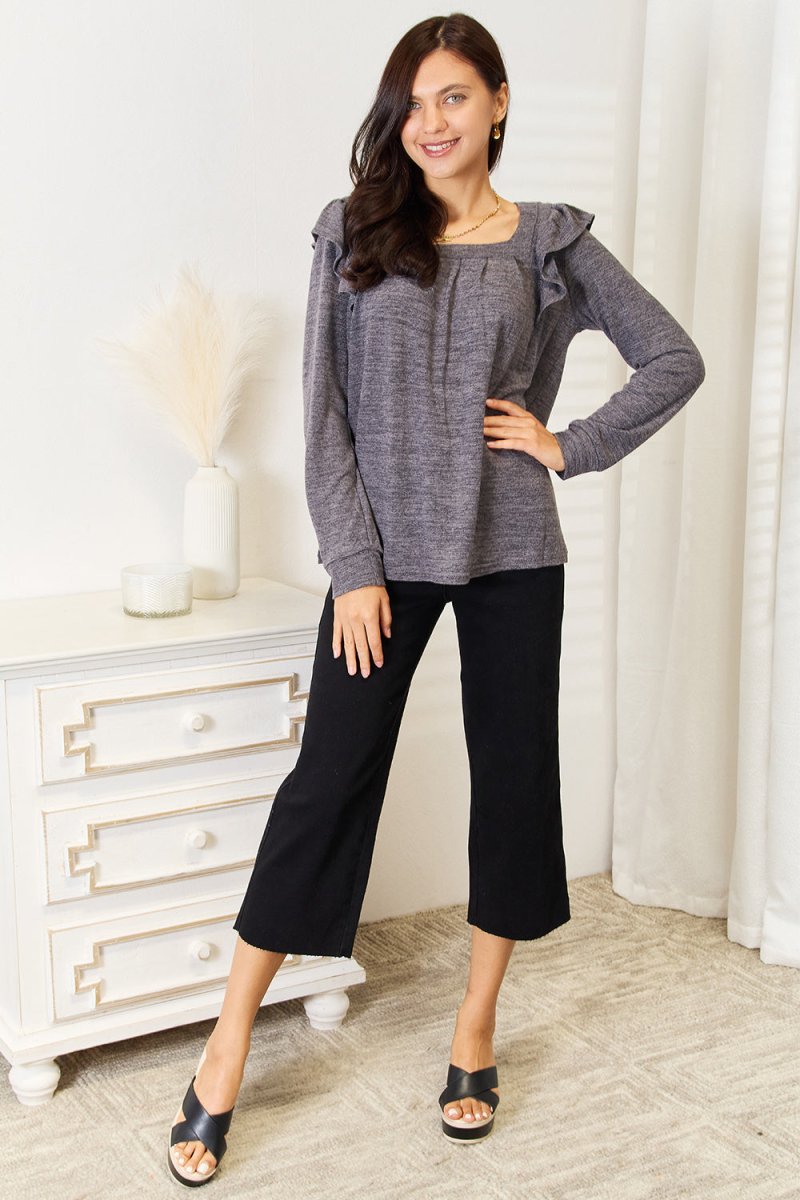 Double Take Square Neck Ruffle Shoulder Long Sleeve T-Shirt - Hopeford Streams