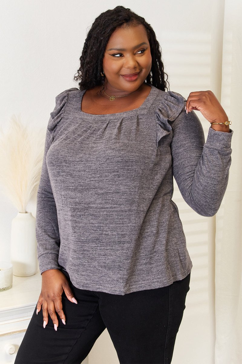 Double Take Square Neck Ruffle Shoulder Long Sleeve T-Shirt - Hopeford Streams
