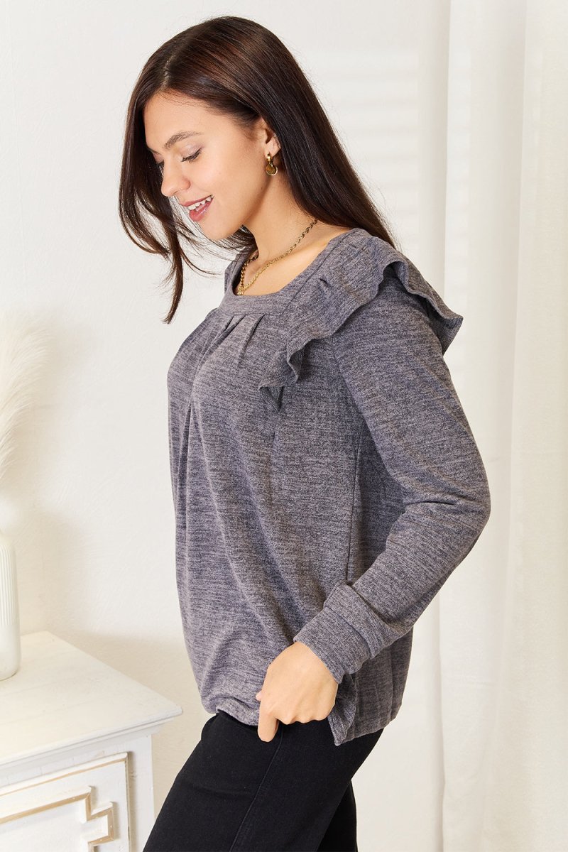 Double Take Square Neck Ruffle Shoulder Long Sleeve T-Shirt - Hopeford Streams