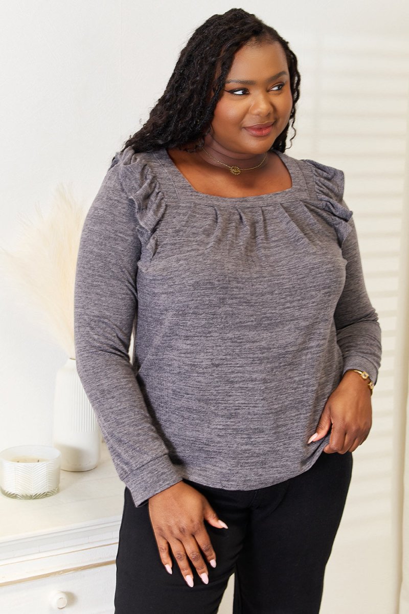 Double Take Square Neck Ruffle Shoulder Long Sleeve T-Shirt - Hopeford Streams