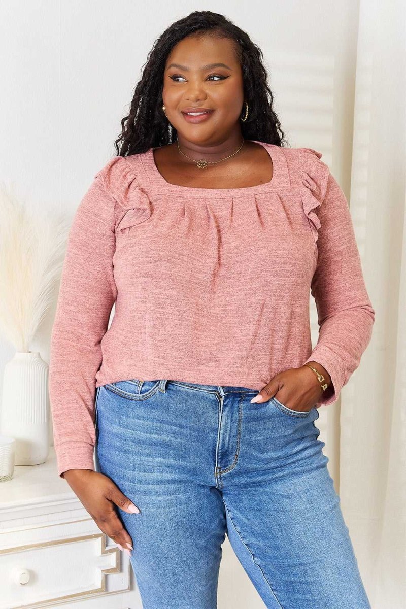 Double Take Square Neck Ruffle Shoulder Long Sleeve T-Shirt - Hopeford Streams