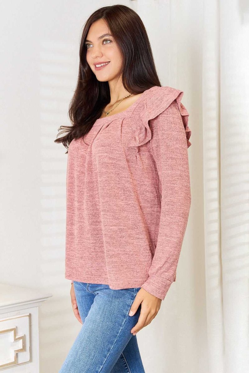 Double Take Square Neck Ruffle Shoulder Long Sleeve T-Shirt - Hopeford Streams