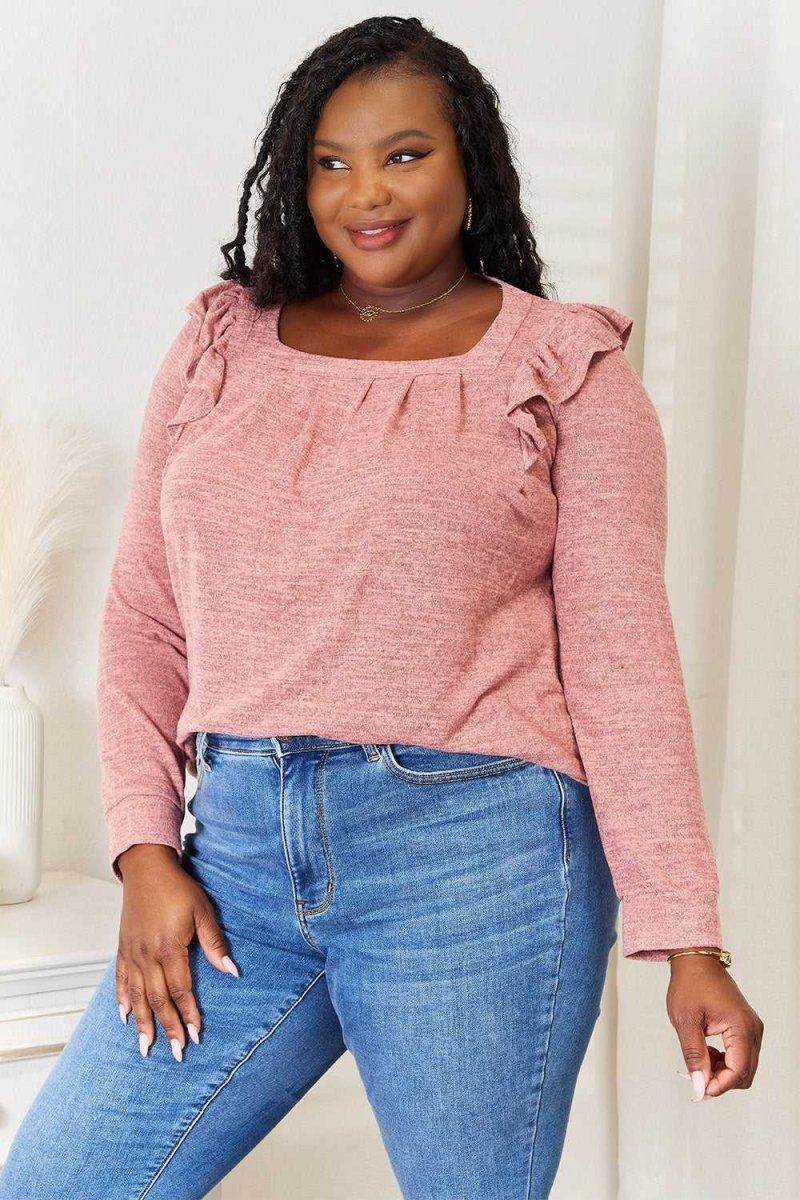Double Take Square Neck Ruffle Shoulder Long Sleeve T-Shirt - Hopeford Streams