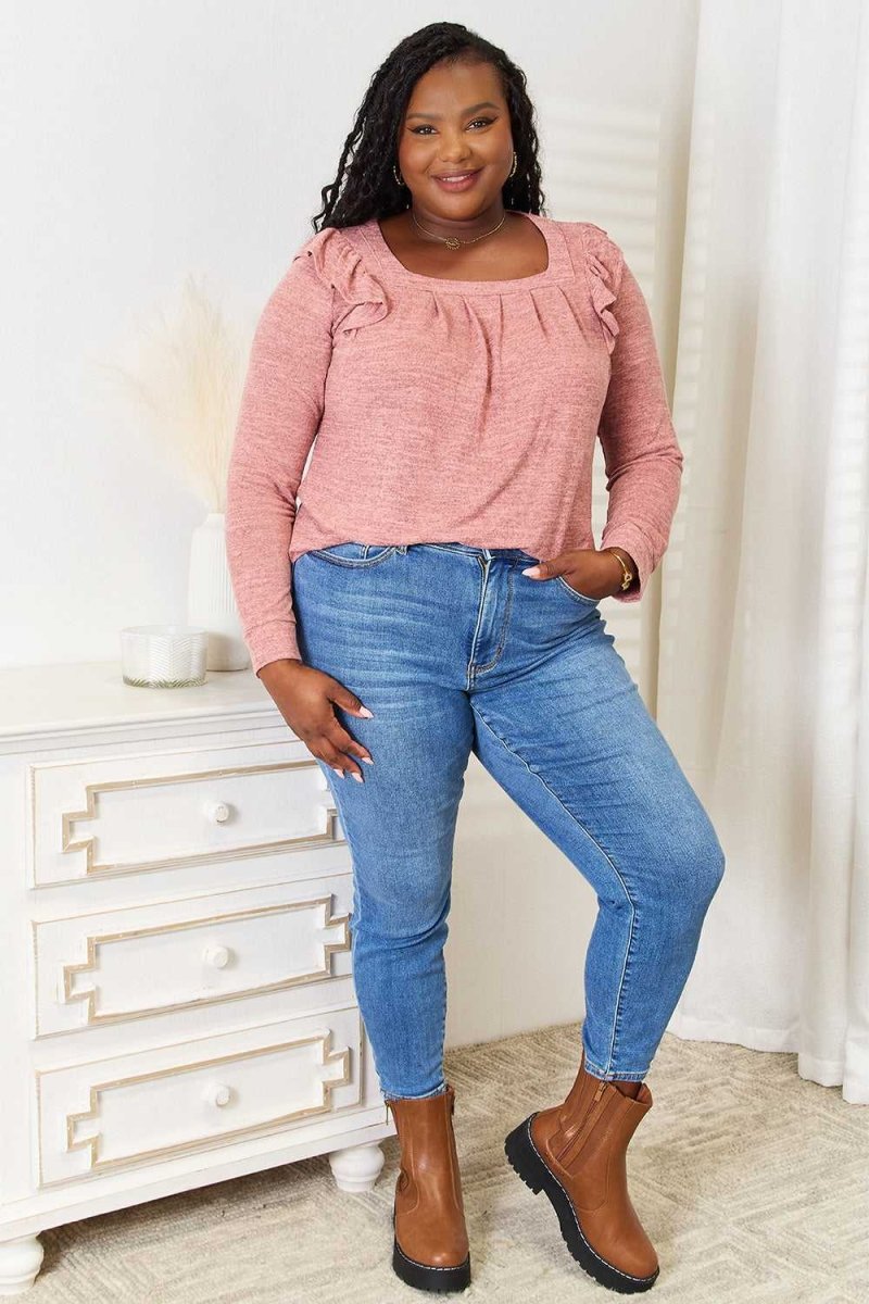 Double Take Square Neck Ruffle Shoulder Long Sleeve T-Shirt - Hopeford Streams
