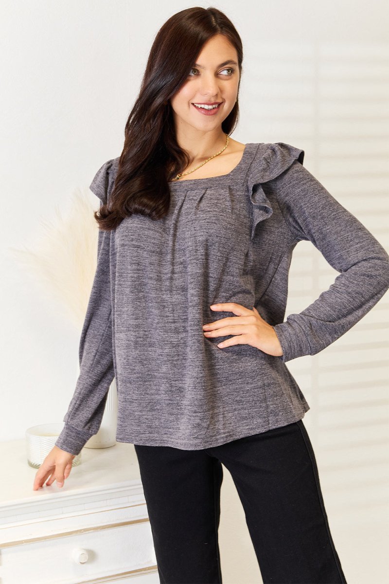 Double Take Square Neck Ruffle Shoulder Long Sleeve T-Shirt - Hopeford Streams