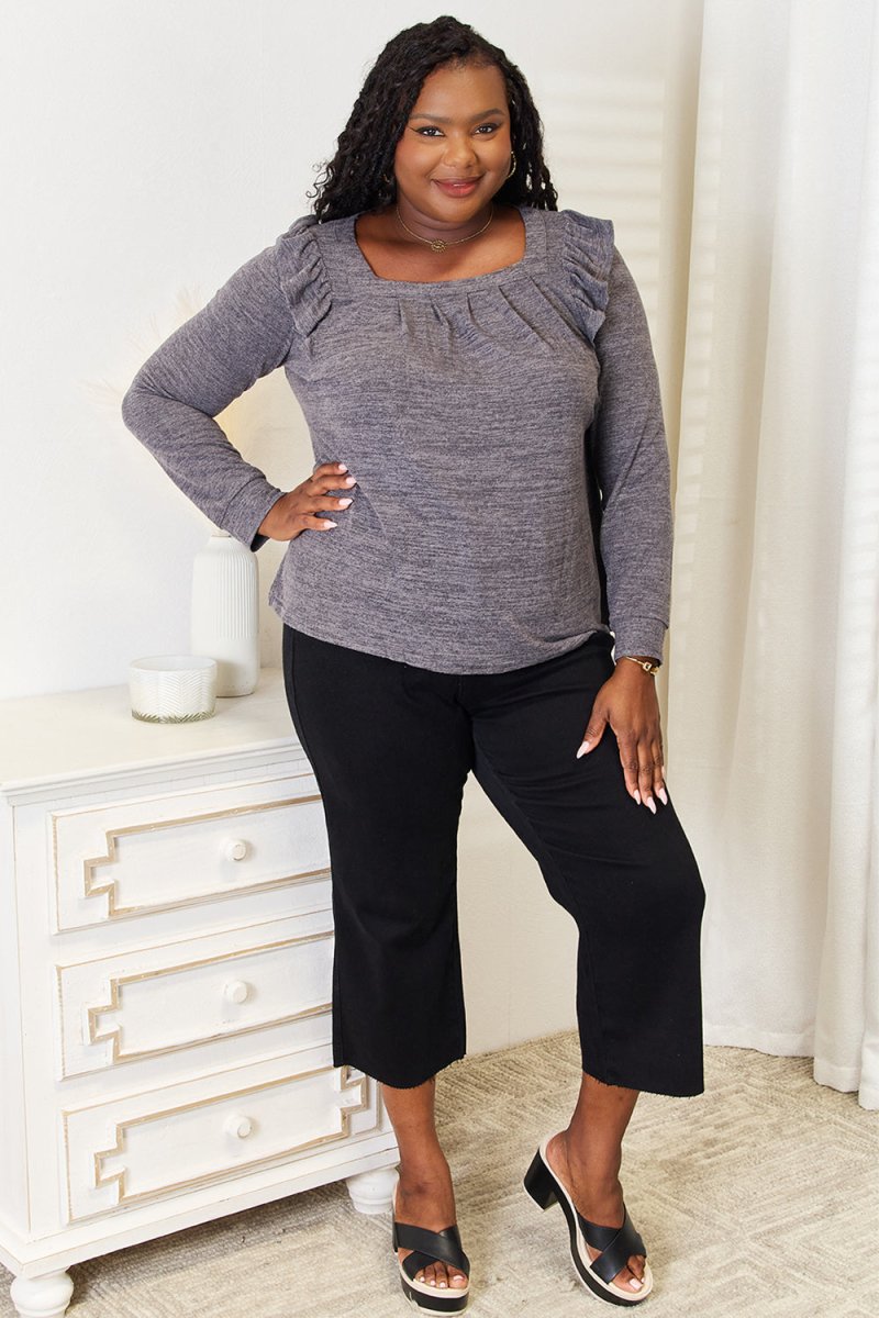 Double Take Square Neck Ruffle Shoulder Long Sleeve T-Shirt - Hopeford Streams