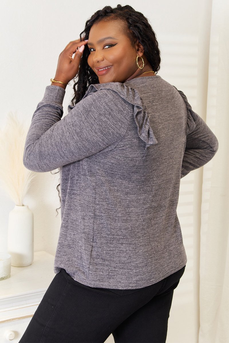 Double Take Square Neck Ruffle Shoulder Long Sleeve T-Shirt - Hopeford Streams