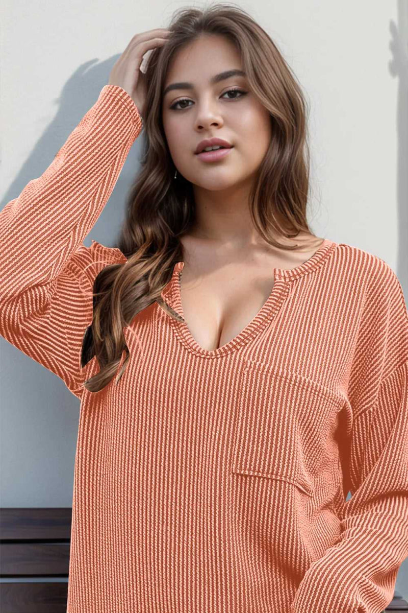 Double Take Striped Notched Long Sleeve T-Shirt - Hopeford Streams