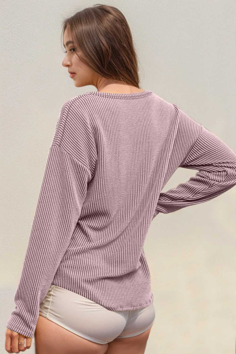 Double Take Striped Notched Long Sleeve T-Shirt - Hopeford Streams