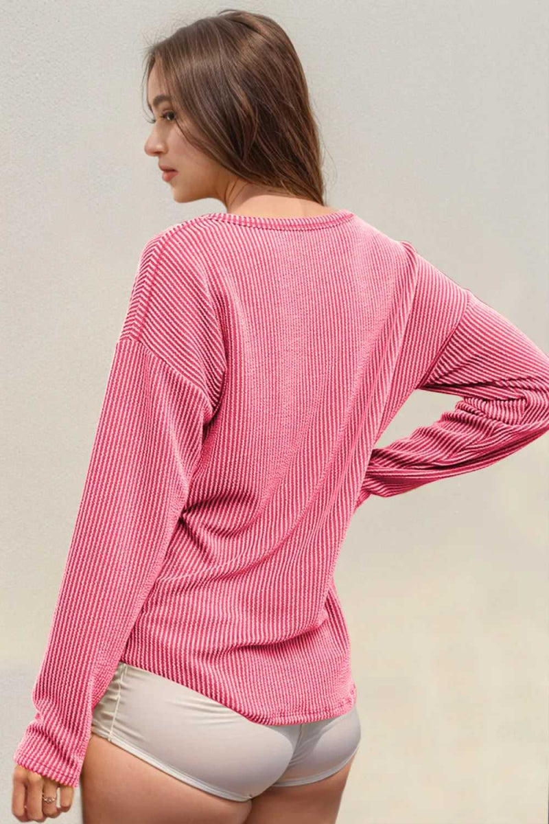 Double Take Striped Notched Long Sleeve T-Shirt - Hopeford Streams