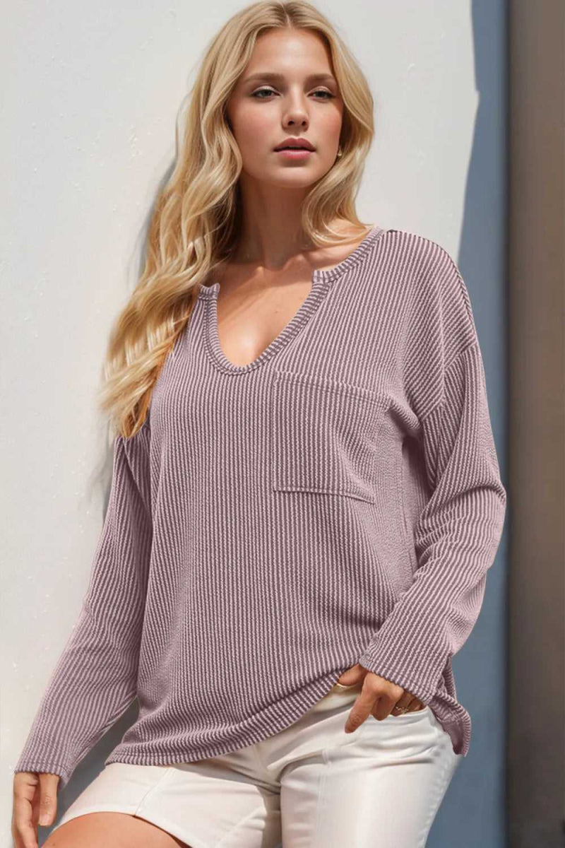 Double Take Striped Notched Long Sleeve T-Shirt - Hopeford Streams