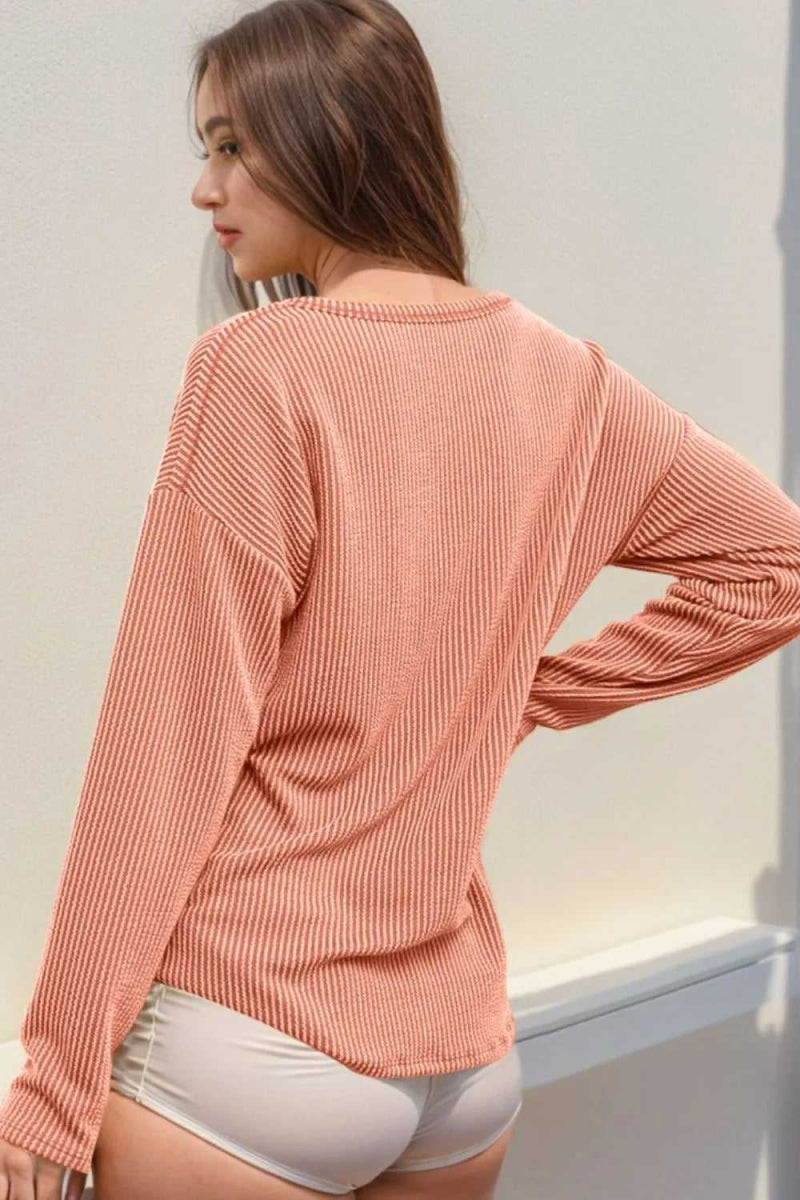 Double Take Striped Notched Long Sleeve T-Shirt - Hopeford Streams