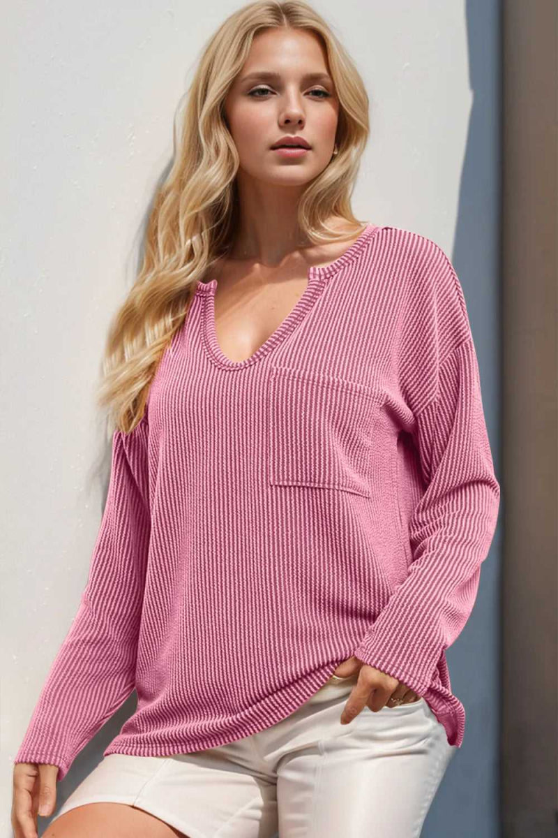 Double Take Striped Notched Long Sleeve T-Shirt - Hopeford Streams