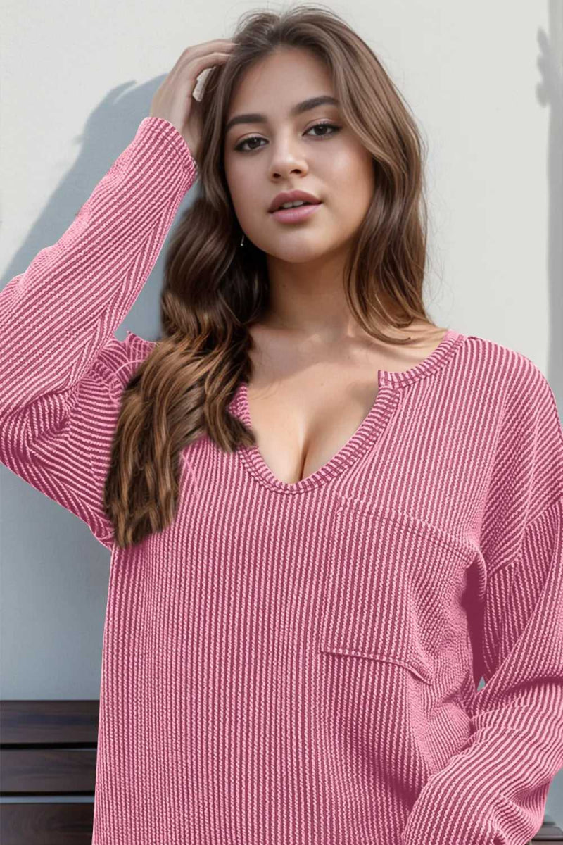 Double Take Striped Notched Long Sleeve T-Shirt - Hopeford Streams
